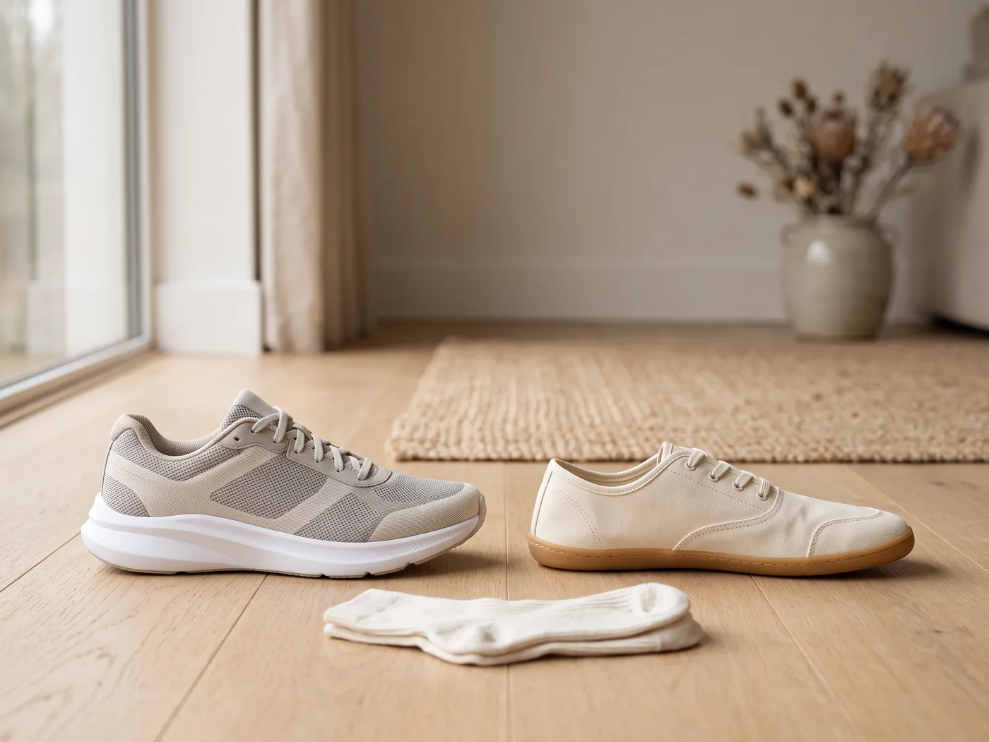 Sneaker z grubą amortyzowaną podeszwą obok cienkiego buta minimalistycznego, między nimi skarpety