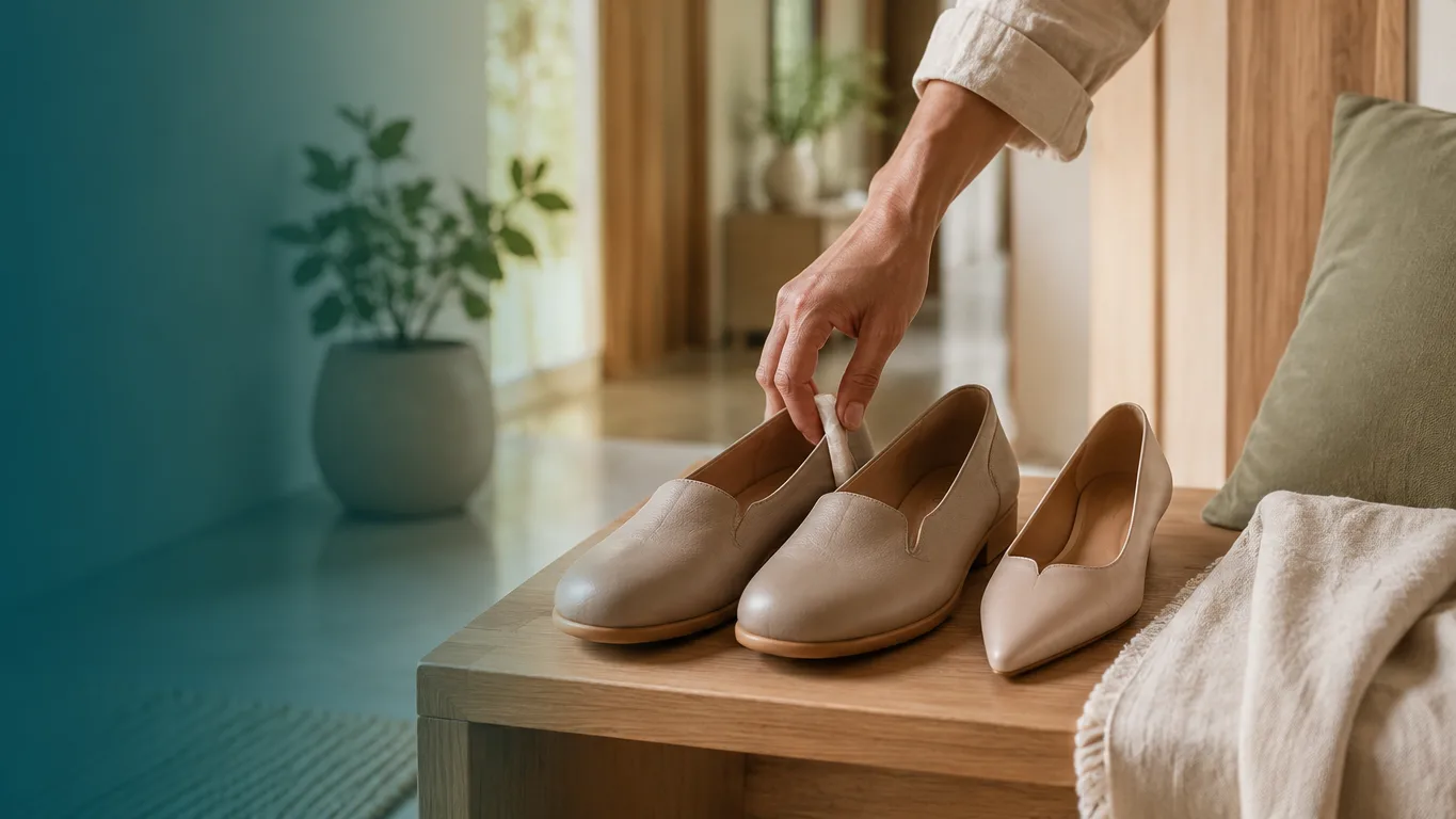 Beżowe buty na drewnianej ławce