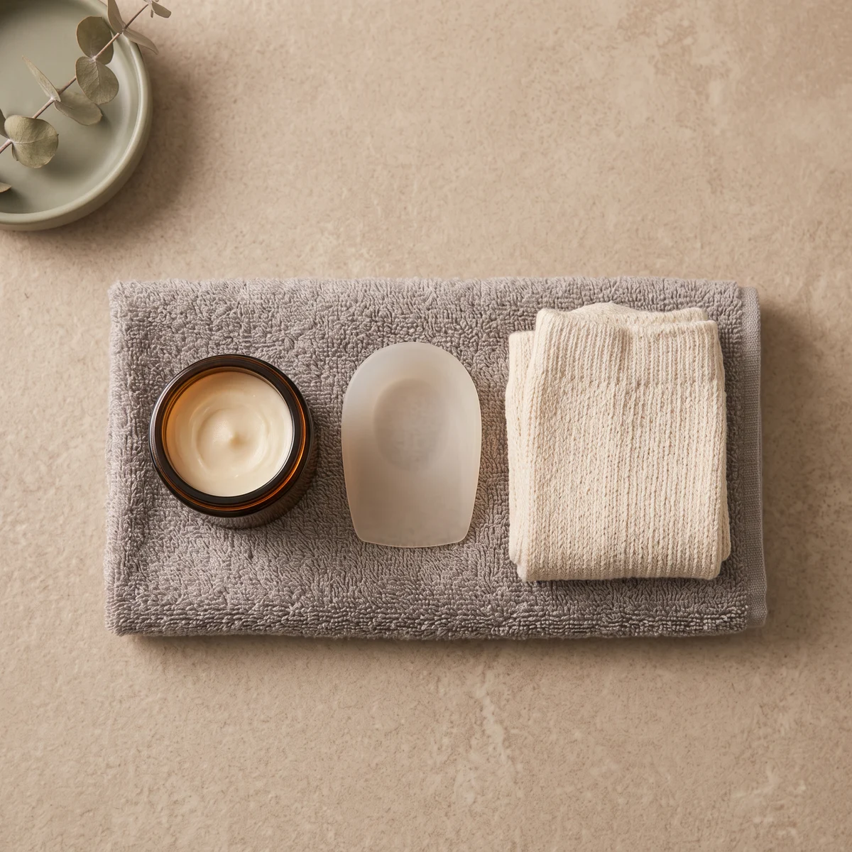 Balsam, silikonowa podpiętka i grube skarpety ułożone w kolejności użycia